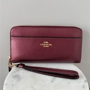 Coach Metallic Burgundy Wristlet Long Zippered Wallet BRAND NEW